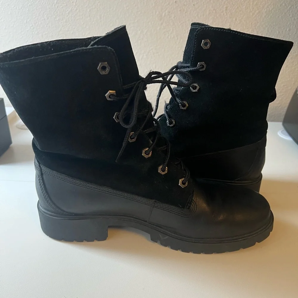 Timberland Warm-Lined Waterproof Roll-Top Boot Black Leather Lug Sole Size 9.5
